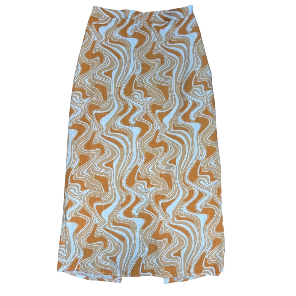 CAARA Womens Midi Skirt Orange White Swirl Linen Blend Retro Boho Large